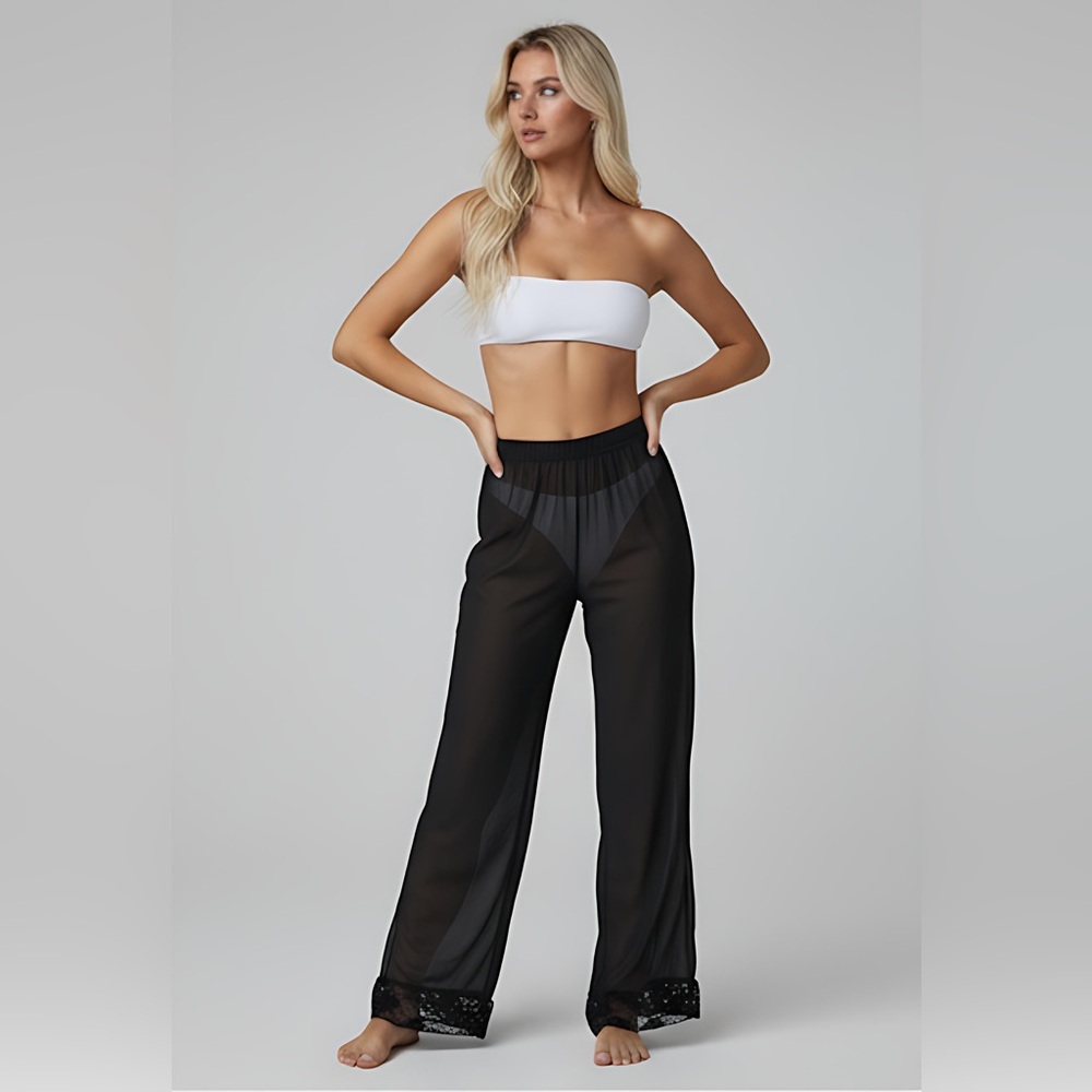 Lace Trim Sheer Bathing Suit Cover Up Pants